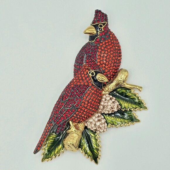 Joan Rivers Cardinal Brooch Vtg Swarovski Crystal Love Birds Winter Holiday Pin - Picture 7 of 15